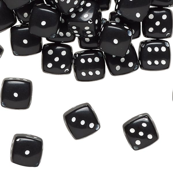 Bead, acrylic, opaque black and white, 8.5mm diagonally drilled six-sided dice, approximately 10mm stringing length. Sold per pkg of 100. image number 0