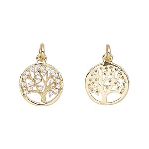 Charm, cubic zirconia and gold-finished brass, clear, 13mm single-sided tree of life with 5mm jump ring. Sold per pkg of 2.