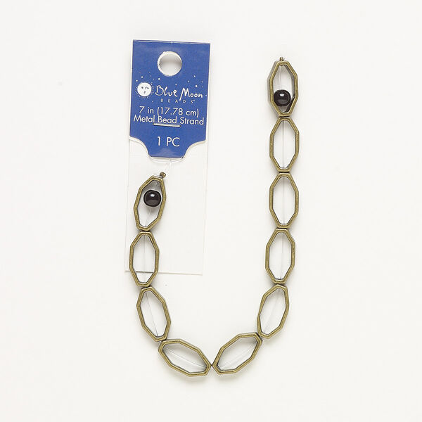 Bead, acrylic and antique brass-finished "pewter" (zinc-based alloy), black, 5mm round and 18x10mm elongated open octagon with 15x6.5mm center opening. Sold per 7-inch strand. image number 0