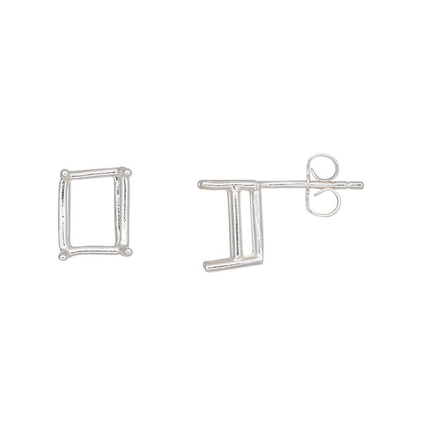 Earstud, Sure-Set™, sterling silver, 9x7mm with 4-prong emerald-cut basket setting. Sold per pair. image number 0