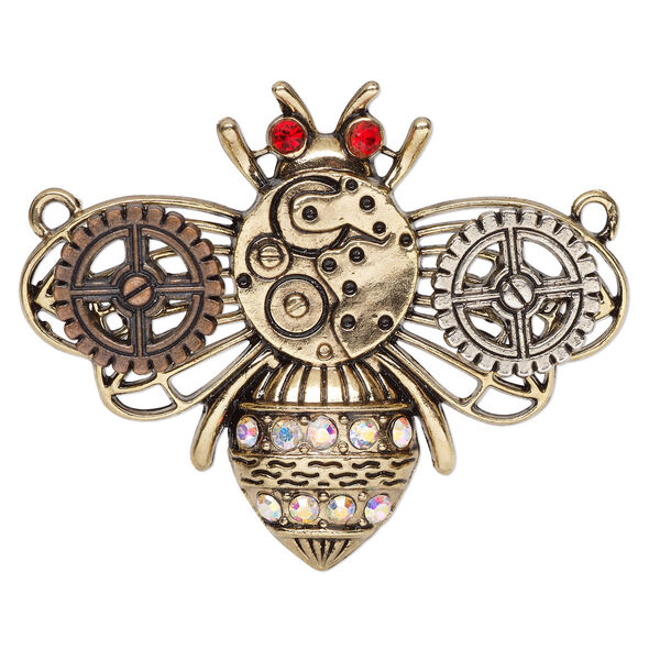 Focal, glass / antique gold- / copper- / silver-finished "pewter" (zinc-based alloy), clear AB and red, 2x1-1/2 inch single-sided gear bee with 2 loops. Sold individually. image number 0