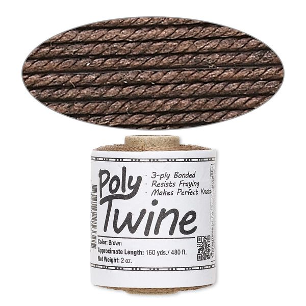 Cord, 3-ply bonded polyester twine, brown, 1mm diameter. Sold per 2-ounce spool. image number 0