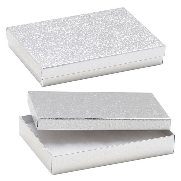 Box, paper, "cotton"-filled, silver, 7-1/8 x 5-1/8 x 1-1/8 inch rectangle. Sold per pkg of 10. image number 0