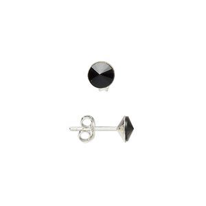 Earring 1pkg2 sterling silver, 6mm round earstud / earnuts, glass jet 1 pair