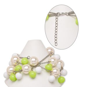 Bracelet, acrylic / silver-finished steel / brass, lime green / champagne / white, 39mm wide, 7 inches with 2-inch extender chain and lobster claw clasp. Sold individually.
