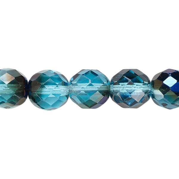 Bead, Czech fire-polished glass, teal blue iris, 10mm faceted round. Sold per 15-1/2" to 16" strand. image number 0