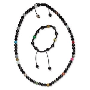 Multi-gemstone / glass / nylon 1pkg2 round bracelet / necklace 7-10 inch / 22-25 inch / adjustable macramé clasp 7-8mm