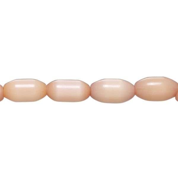 Bead, cat's eye glass (fiber optic glass), peach, 10x5mm-11x6mm barrel. Sold per 14-inch strand, approximately 35 beads. image number 0