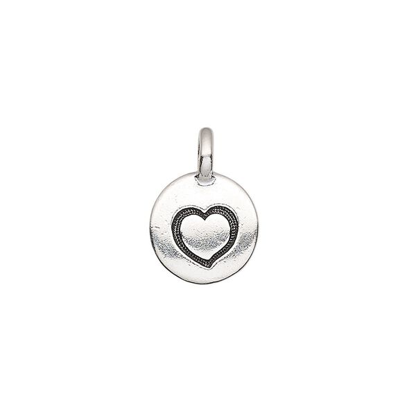 Drop, TierraCast®, antique silver-plated pewter (tin-based alloy), 11.5mm single-sided round with textured heart. Sold per pkg of 20. image number 0