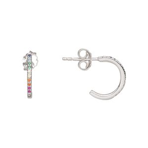 Earstud, rhodium-plated sterling silver and cubic zirconia, multicolored, 13.5mm hoop. Sold per pair.