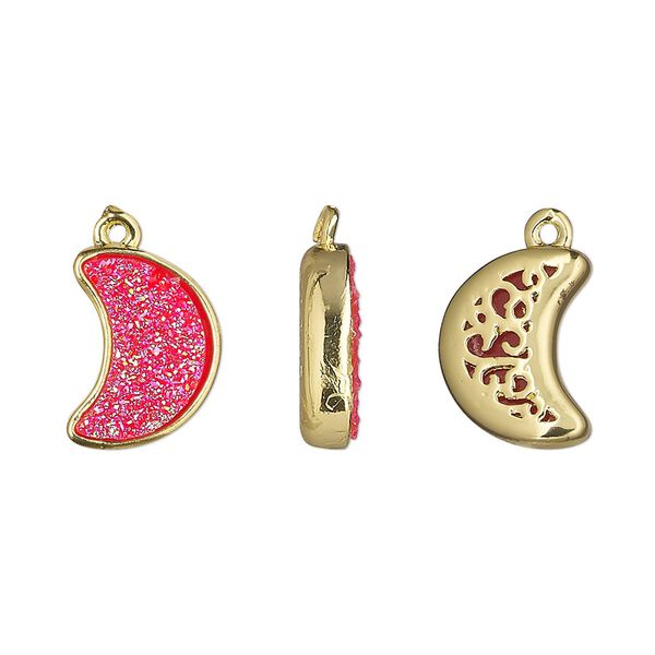 Drop, Druzylite™, "druzy" (resin) and gold-finished brass, hot pink, 14x10mm two-sided moon with open filigree back. Sold per pkg of 4. image number 0