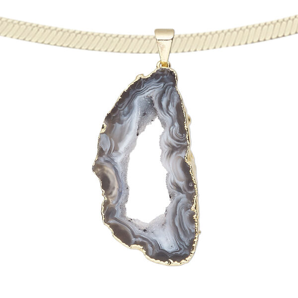 Pendant, druzy agate (natural) with gold-plated brass and copper, 30x24mm-45x26mm hand-cut slice. Sold individually. image number 0