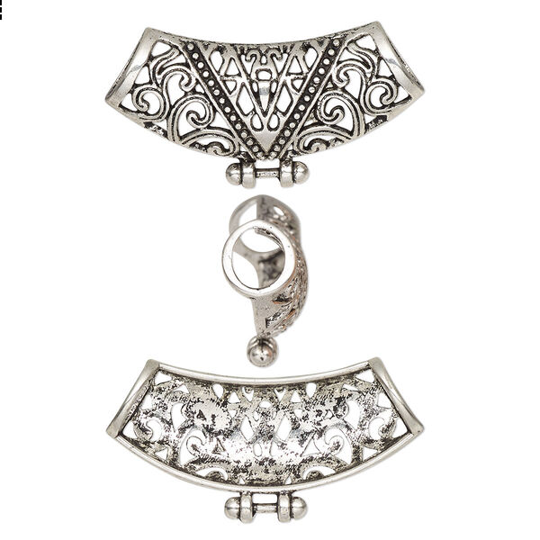 Slide, antique silver-finished "pewter" (zinc-based alloy), 34.5x18mm single-sided curved tube with fancy cutout design. Sold per pkg of 6. image number 0