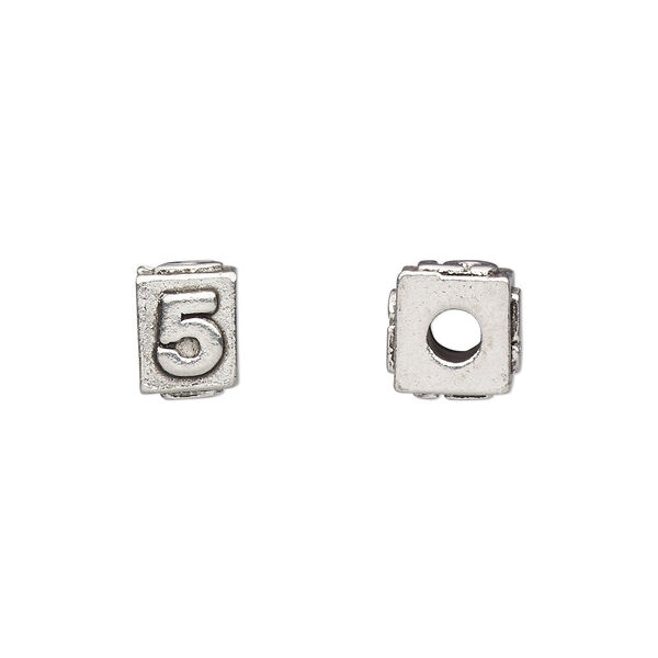 Bead, antiqued pewter (tin-based alloy), 8x6mm rectangle with number "5." Sold per pkg of 4. image number 0