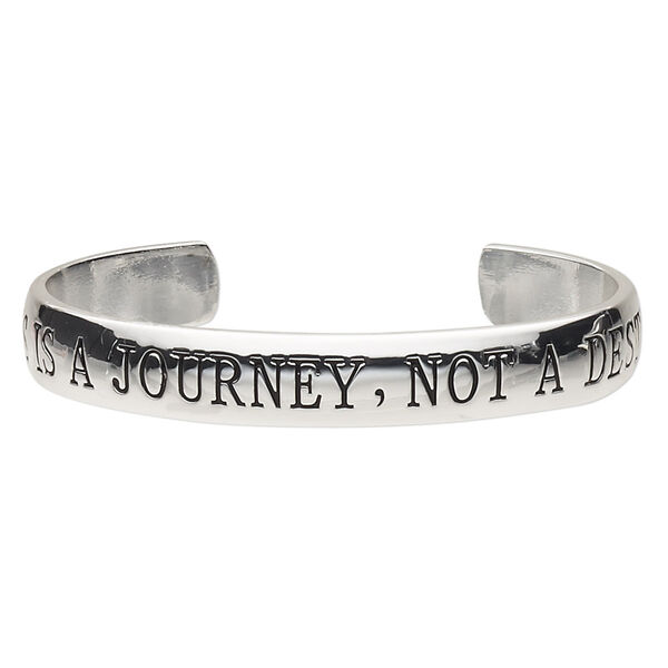 Bracelet, cuff, silver-plated brass, 11mm wide with "HAPPINESS IS A JOURNEY, NOT A DESTINATION," 7-1/2 inches. Sold individually. image number 0