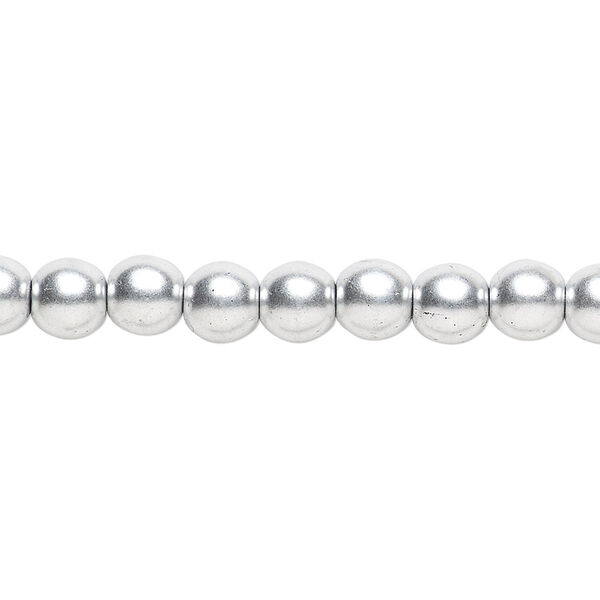 Bead, Czech glass druk, opaque satin metallic silver, 6mm round. Sold per 15-1/2" to 16" strand, approximately 65 beads. image number 0