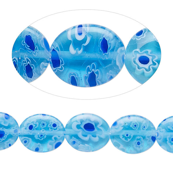 Bead, millefiori glass, translucent blue / cobalt / white, 12x10mm puffed oval with 0.6-0.8mm hole. Sold per 15-inch strand. image number 0