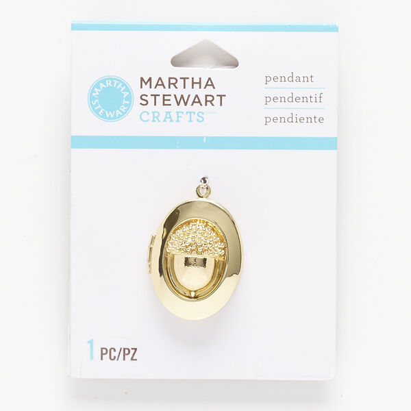 Drop, gold-finished "pewter" (zinc-based alloy), 29x23mm oval locket with acorn design. Sold individually. image number 0