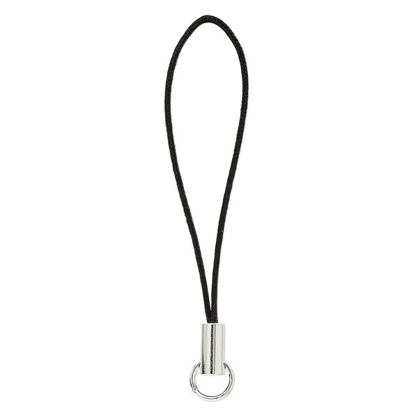 Zipper pull, silver-plated brass and nylon, black, 2-1/4 inches. Sold per pkg of 24. image number 0