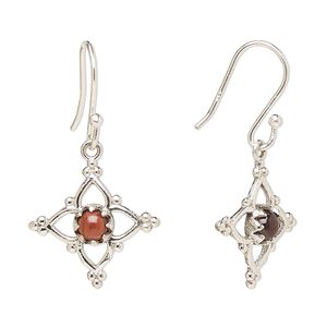Earring, Create Compliments®, antiqued sterling silver and garnet (natural), fishhook, 32mm with 17mm single-sided open beaded diamond, 21 gauge. Sold per pair.