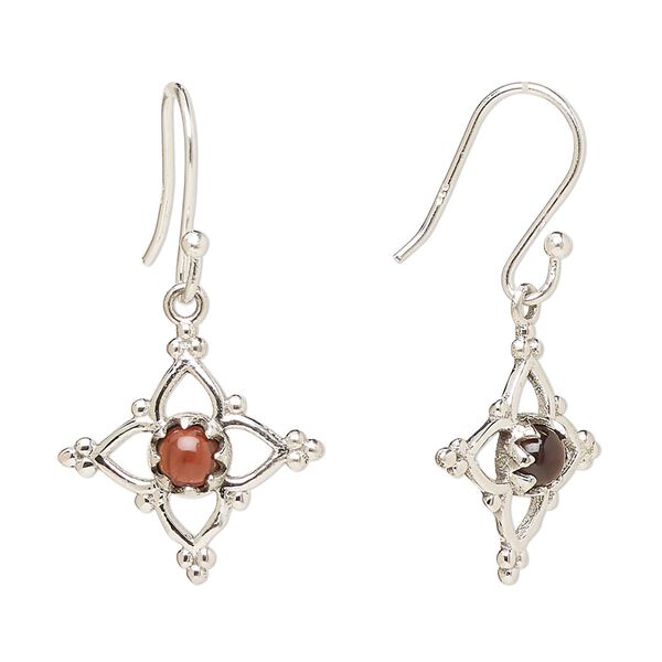 Earring, Create Compliments®, antiqued sterling silver and garnet (natural), fishhook, 32mm with 17mm single-sided open beaded diamond, 21 gauge. Sold per pair. image number 0