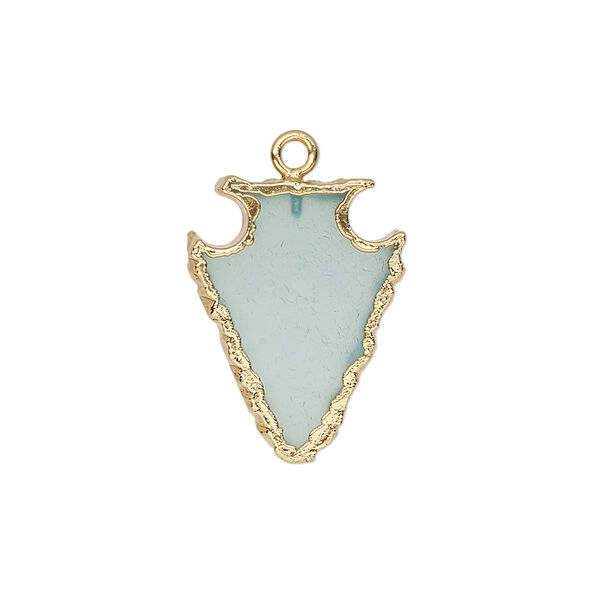 Drop, chalcedony (dyed) / electroplated gold / gold-finished sterling silver, aqua blue, 20x15mm hand-cut arrowhead. Sold individually. image number 0