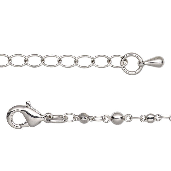 Chain, imitation rhodium-plated brass, 3.5mm beaded round, 16 inches with 2-inch extender chain and lobster claw clasp. Sold individually. image number 0