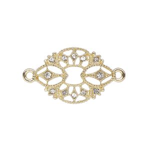 Link, gold-finished "pewter" (zinc-based alloy) and glass, clear, 24x17mm fancy oval. Sold individually.