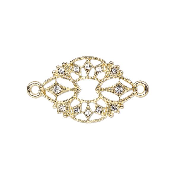 Link, gold-finished "pewter" (zinc-based alloy) and glass, clear, 24x17mm fancy oval. Sold individually. image number 0