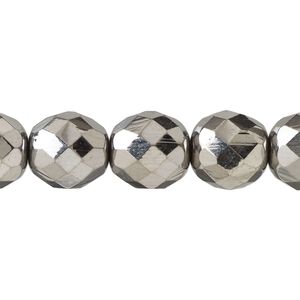 Bead, Czech fire-polished glass, pkg/15-1/2 to 16 inches, 12mm faceted round, opaque metallic grey, (00030-27400).