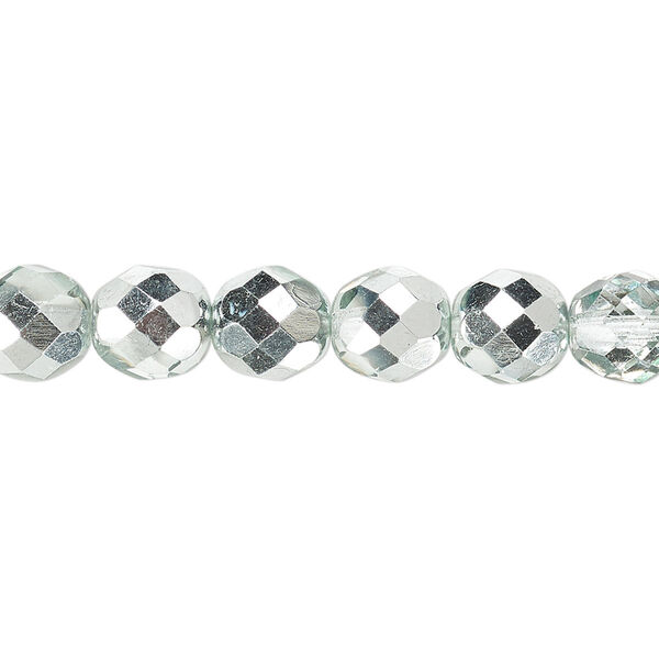 Bead, Czech fire-polished glass, clear with half-coat metallic icy teal, 8mm faceted round. Sold per 15-1/2" to 16" strand. image number 0