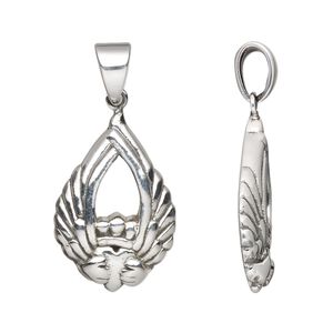 Pendant, antiqued fine silver and sterling silver, electroformed, 23x16mm single-sided Claddagh with wings. Sold individually.