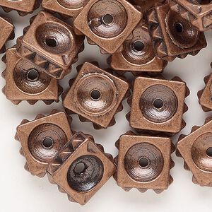 Bead, antique copper-finished "pewter" (zinc-based alloy), 12x5mm-13x5mm square rondelle with spike design. Sold per pkg of 50.