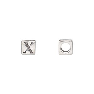 Bead, sterling silver, 5.5mm cube with alphabet letter "X." Sold individually.
