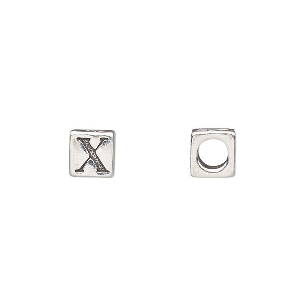Bead, sterling silver, 5.5mm cube with alphabet letter "X." Sold individually. image number 0