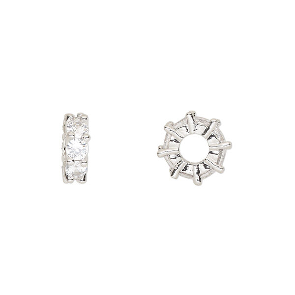 Bead, cubic zirconia and silver-plated brass, clear, 10.5x3.5mm rondelle. Sold per pkg of 2. image number 0