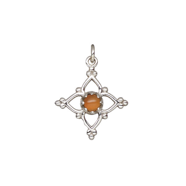 Carnelian / sterling silver 1pkg1, open beaded diamond drop antiqued 17x17mm image number 1