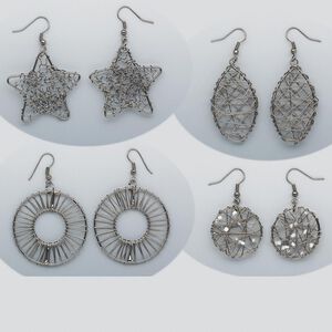 Earring, glass and gunmetal-plated steel, white, assorted wire-wrapped design with fishhook ear wire. Sold per pkg of 4 pairs.