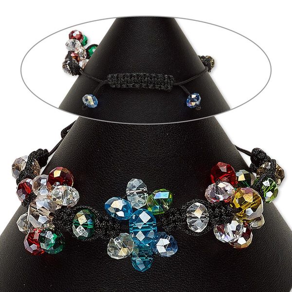 Bracelet, glass and nylon, multicolored, 8x6mm and 10x7mm faceted rondelle, adjustable from 6-11 inches with macramé knot closure. Sold individually. image number 0