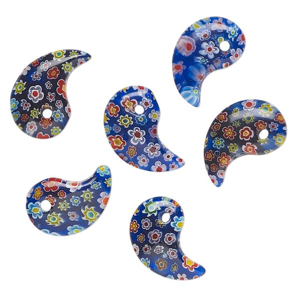 Drop, millefiori glass, translucent cobalt blue and multicolored, 22x14mm-26x17mm top-drilled paisley. Sold per pkg of 6. image number 0