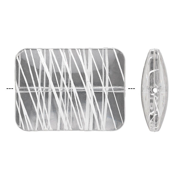 Bead, acrylic, semitransparent clear and white, 40x30mm puffed rectangle with painted line design. Sold per pkg of 12. image number 0
