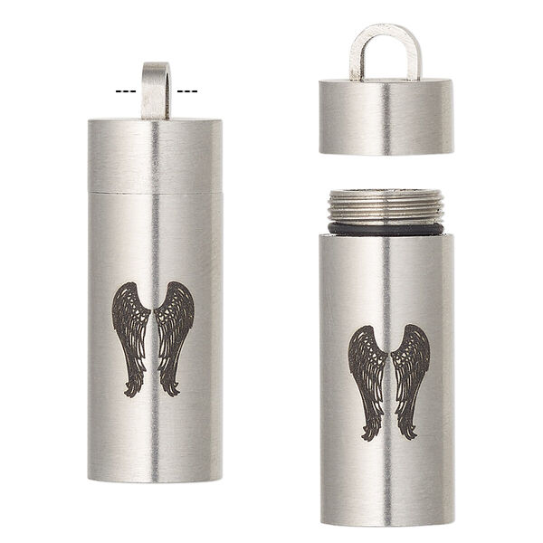 Pendant, silicone and stainless steel, black, 35x11mm cylinder with laser-etched wings design and twist-off top. Sold individually. image number 0