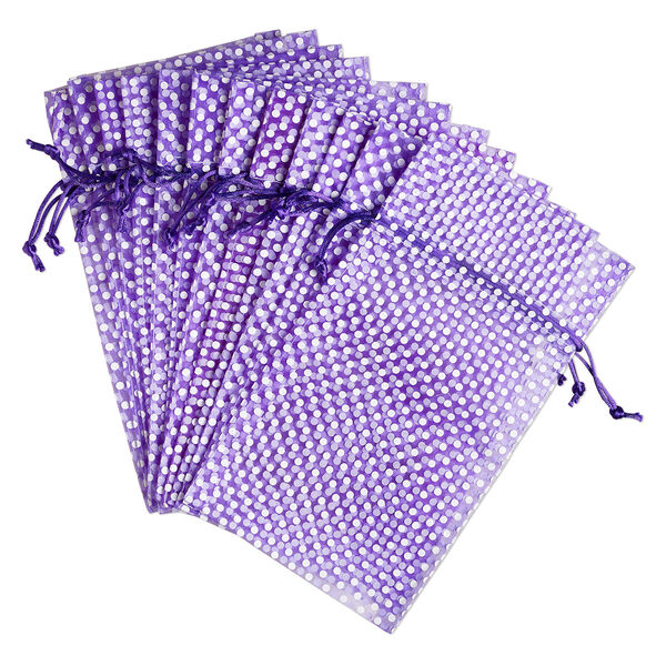 Pouch, organza, purple and white, 10x6 inches with dots pattern and drawstring closure. Sold per pkg of 12. image number 0
