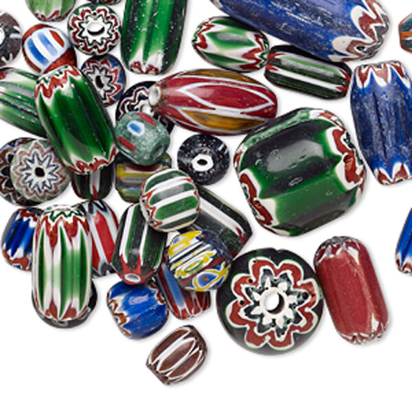 Bead mix, chevron glass, multicolored, 12x8mm-46x20mm mixed shape. Sold per 1/4 kilogram pkg, approximately 40-60 beads. image number 0