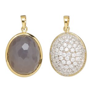 Pendant, Create Compliments®, cubic zirconia / grey chalcedony (natural) / gold-finished sterling silver, clear, 21x17.5mm two-sided faceted oval ball. Sold individually.