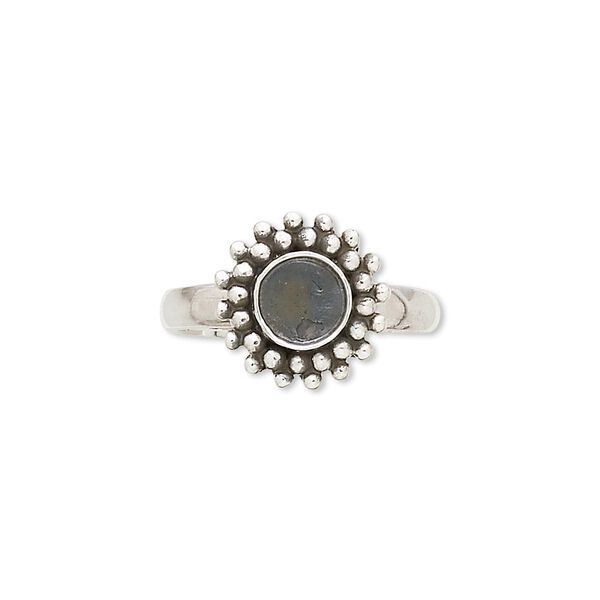 Ring, antiqued sterling silver, 3mm wide with beaded rim and 6mm round glue-in setting, size 7. Sold individually. image number 0