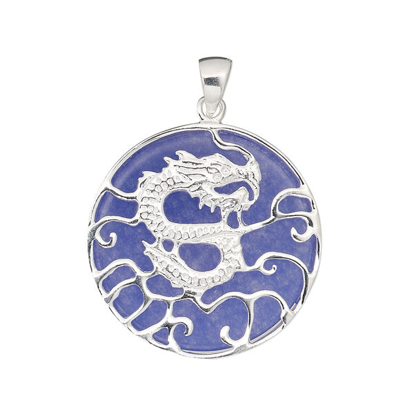Pendant, jade (dyed) and sterling silver, dark lavender, 25mm round with dragon, Mohs hardness 6-1/2 to 7. Sold individually. image number 0