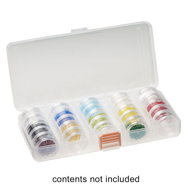 Organizer, plastic, clear and pink, 7-1/2 x 4 x 1-3/8 inch rectangle, (25) 1-1/8 x 5/8 inch stackable jars, 5 removable compartments, snap closure. Sold individually. image number 0