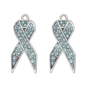 Charm, antique silver-finished "pewter" (zinc-based alloy) and glass, aqua blue, 27x13mm single-sided awareness ribbon. Sold per pkg of 2.