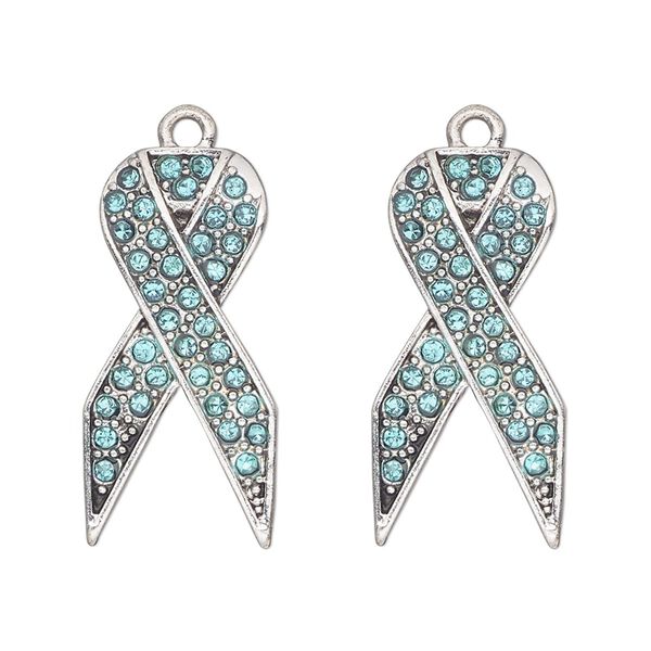 Charm, antique silver-finished "pewter" (zinc-based alloy) and glass, aqua blue, 27x13mm single-sided awareness ribbon. Sold per pkg of 2. image number 0